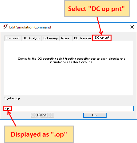 LTspice XVII DC Operating Point Analysis(.op) Setting