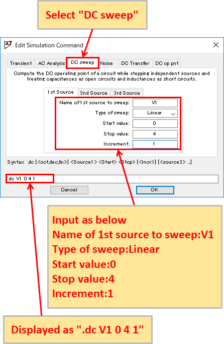 LTspice XVII DC Sweep Analysis(.dc) Setting