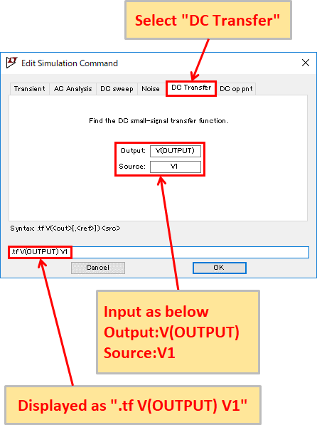 LTspice XVII DC Transfer Function Analysis(.tf) Setting