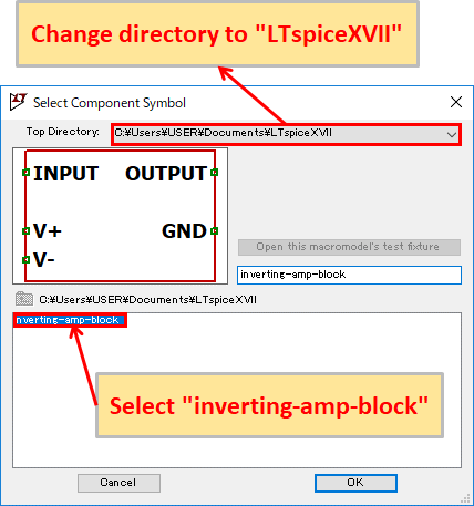 LTspice XVII Select inverting-amp-block