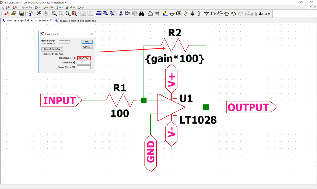 LTspice XVII Resistance {gain*100}