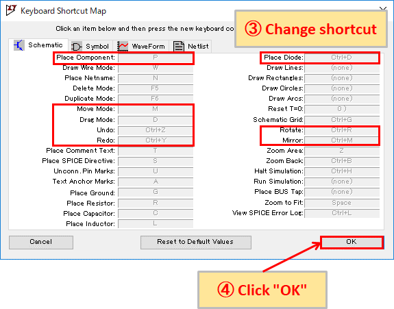 LTspice XVII Keyboard Shortcut Map