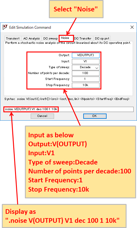 LTspice XVII Noise Analysis(.noise) Setting