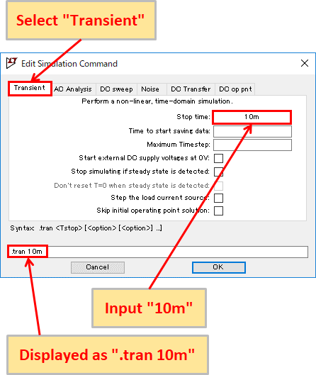 LTspice XVII Transient Analysis(.tran) Setting