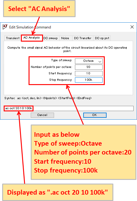 LTspice XVII AC Analysis(.ac) Setting