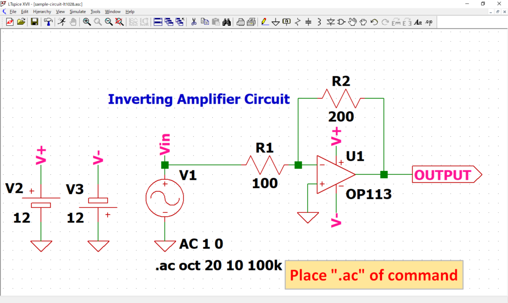 LTspice XVII Place .ac command