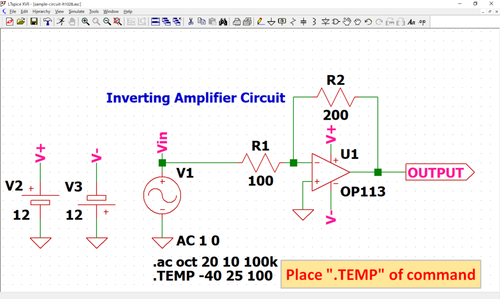 LTspice XVII Place .TEMP command
