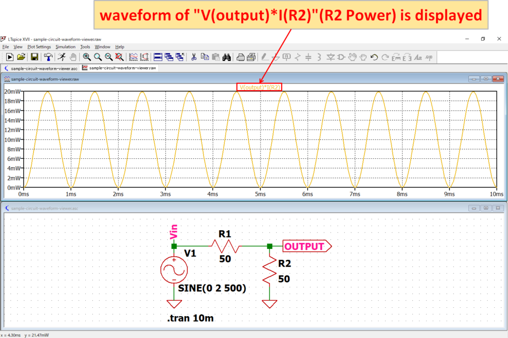 LTspice XVII Waveform V(output)*I(R2)