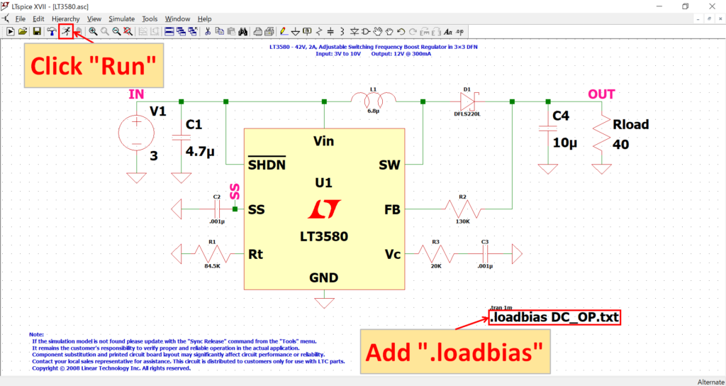 LTspice XVII LT3580 .loadbias transient analysis