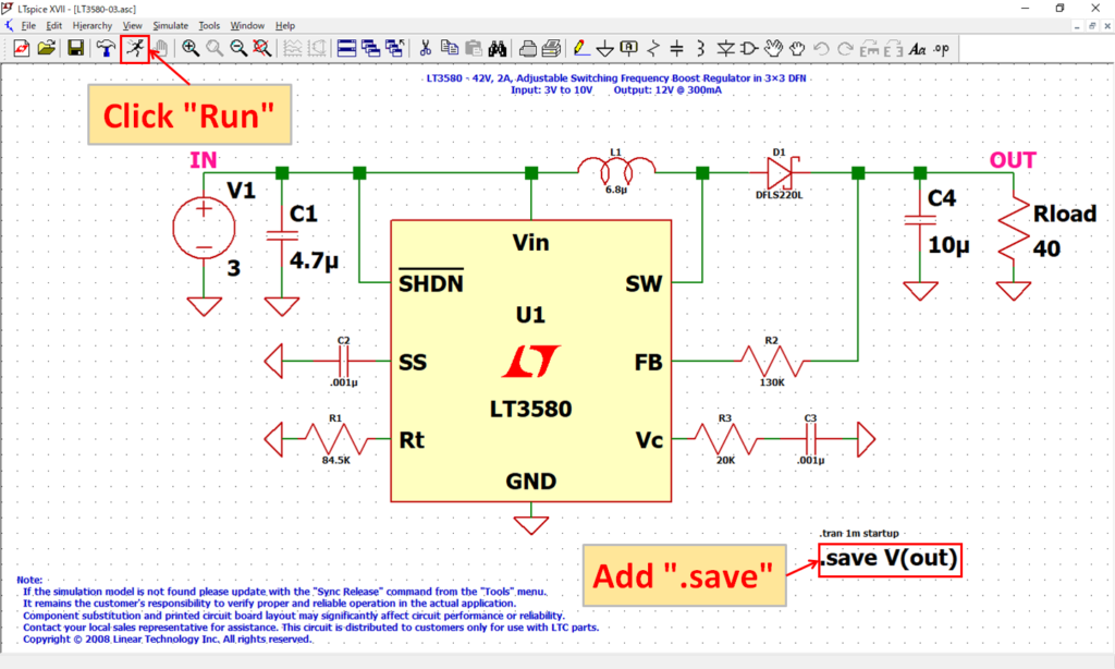 LTspice XVII LT3580 .save simulation