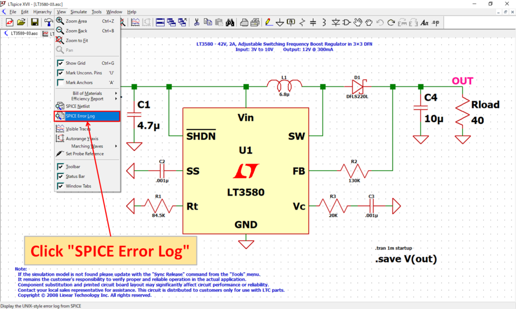 LTspice XVII LT3580 SPICE error log