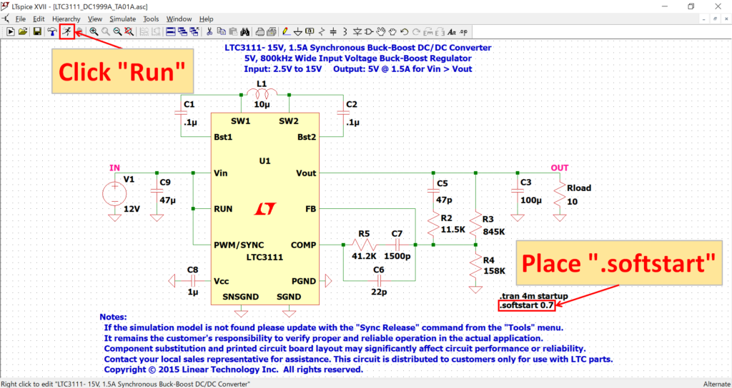 LTspice XVII LTC3111 .softstart 0.7 simulation