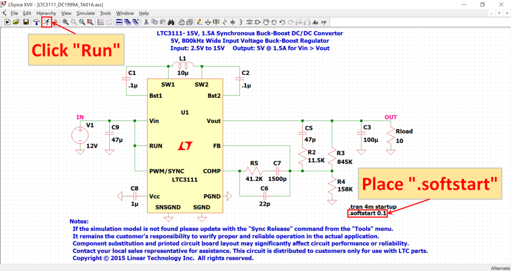 LTspice XVII LTC3111 .softstart 0.1 simulation