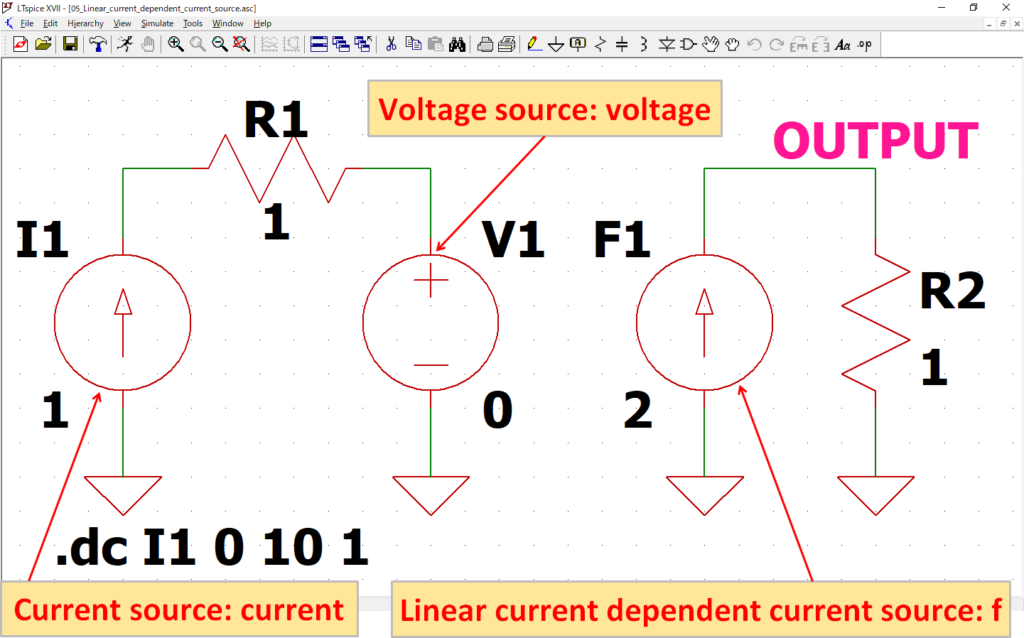 LTspice XVII Linear current dependent current source DC Sweep Analysis