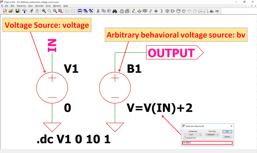 LTspice XVII Arbitrary behavioral voltage source DC Sweep Analysis