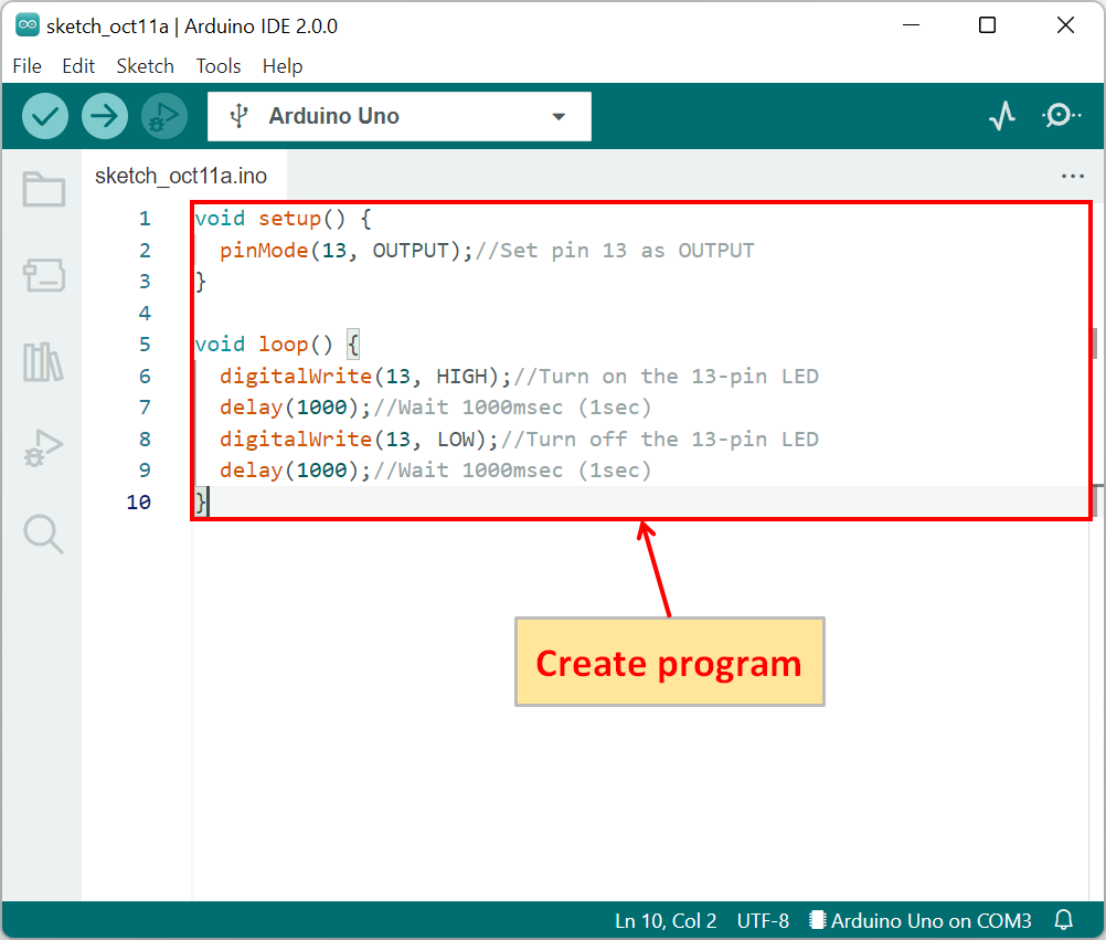 Arduino IDE Program to blink LED at 1 second intervals