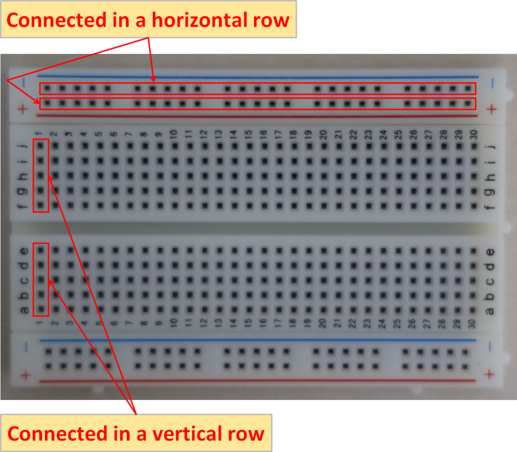 Connection in breadboard Horizontal row Vertical row